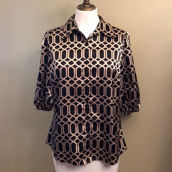 Like New-3/4 Button Front Blouse-Black&Pewter-S 10 - Picture 2 of 12